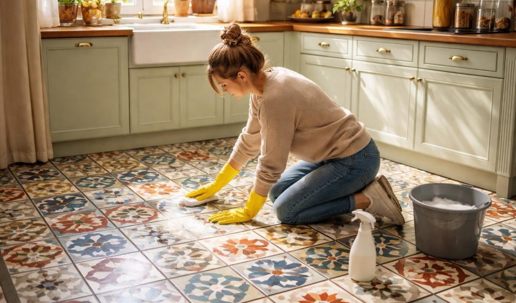 cuisine-elegante-carreaux-personne-nettoyage