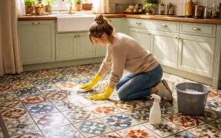 cuisine-elegante-carreaux-personne-nettoyage