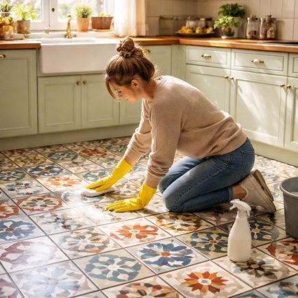 cuisine-elegante-carreaux-personne-nettoyage