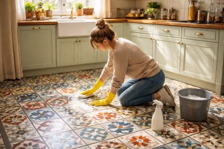 cuisine-elegante-carreaux-personne-nettoyage