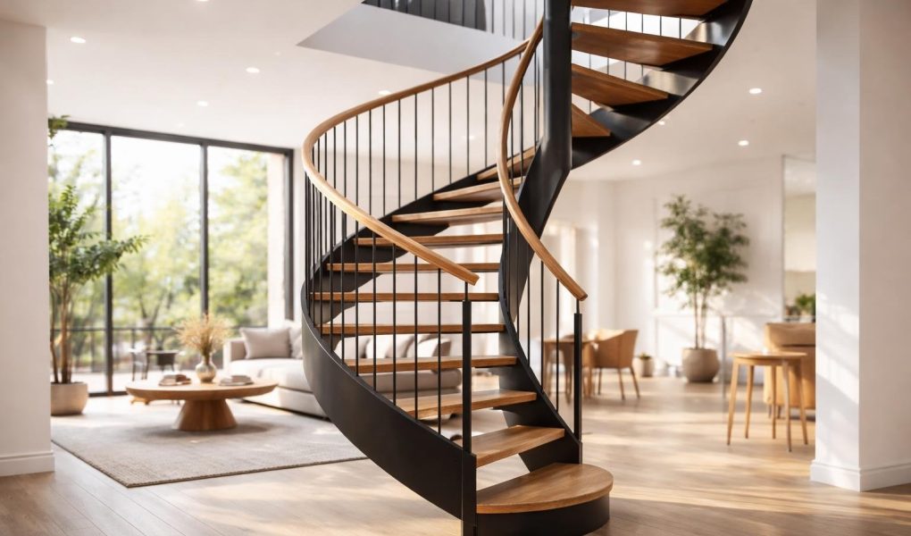 escalier-colimacon-metal-bois-salon-minimaliste