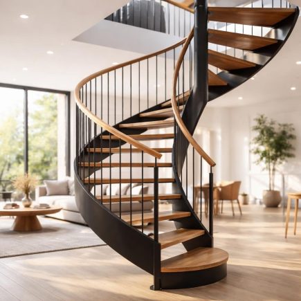 escalier-colimacon-metal-bois-salon-minimaliste