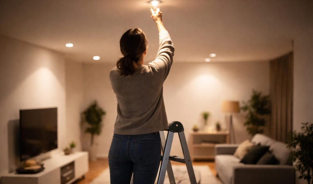 personne-escabeau-spot-plafond-salon