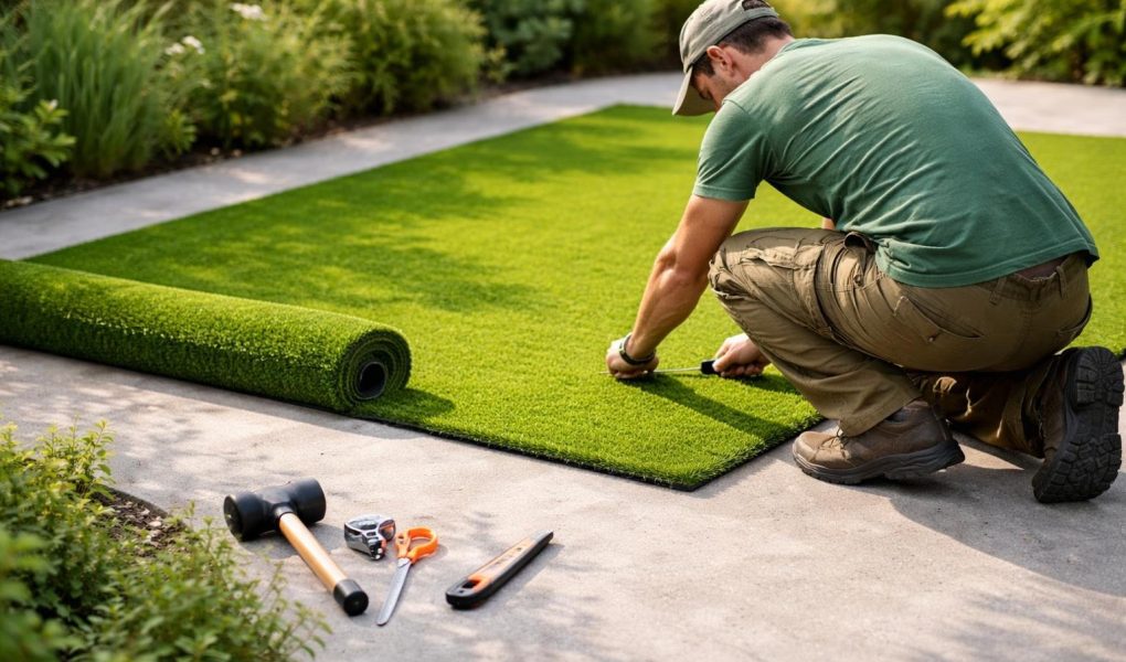 jardinier-gazon-synthetique-outils-beton